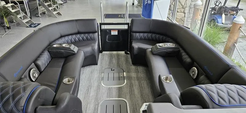 Slide: The Image of Luxurious interior of 2025 Bennington Q 25 QFBA pontoon boat with plush seating. - 4