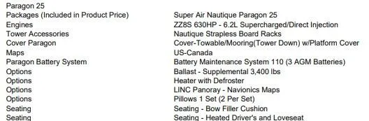 Slide: The Image of 2024 Nautique Super Air Nautique G25 Paragon features and options list, including engine and seating details. - 14