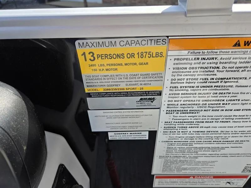 Slide: The Image of 2025 Godfrey Xperience 2286 SFLX Sport Tube capacity label, 13 persons or 1875 lbs. - 11