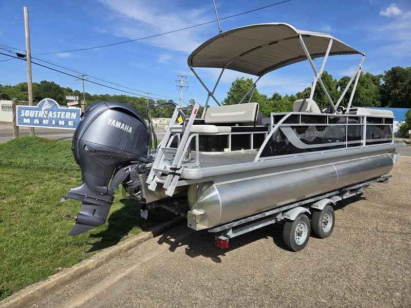 Slide: The Image of 2025 Godfrey Xperience 2286 SFLX pontoon boat with Yamaha engine on trailer at Southeastern Marine. - 5