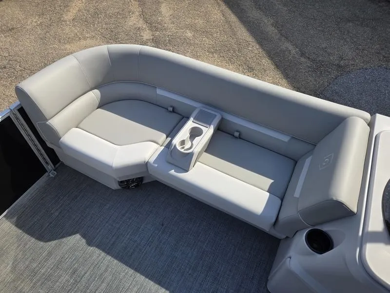 Slide: The Image of 2025 Godfrey Xperience 2286 SFLX Sport Tube boat seating with cup holders, gray upholstery. - 6