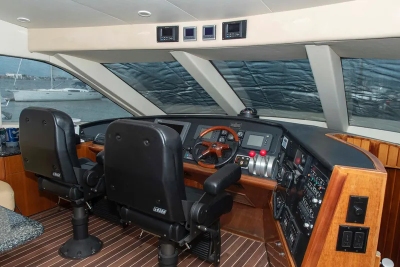 Slide: The Image of Pilothouse of 2002 Hatteras 63 Raised Pilothouse Motor Yacht with dual captain chairs. - 34