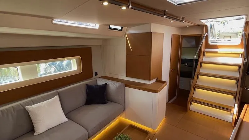Slide: The Image of Luxurious interior of 2020 Beneteau First 53 yacht with modern design and comfortable seating. - 32