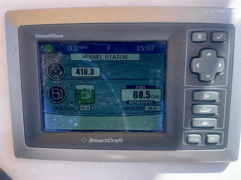 Slide: The Image of SmartCraft VesselView display showing vessel status and fuel information on a 1966 Bertram 25 Moppie. - 19