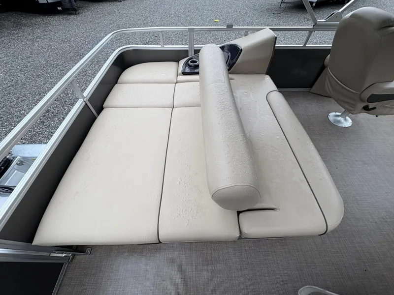 Slide: The Image of 2022 Sun Tracker PARTY BARGE pontoon boat with beige seating and cup holder. - 13
