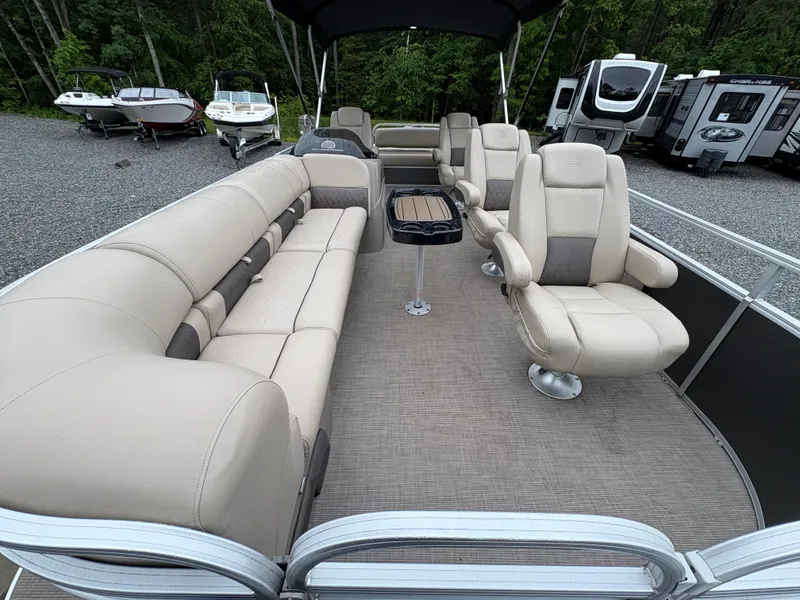 Slide: The Image of 2022 Sun Tracker PARTY BARGE pontoon boat with spacious seating and modern design. - 7