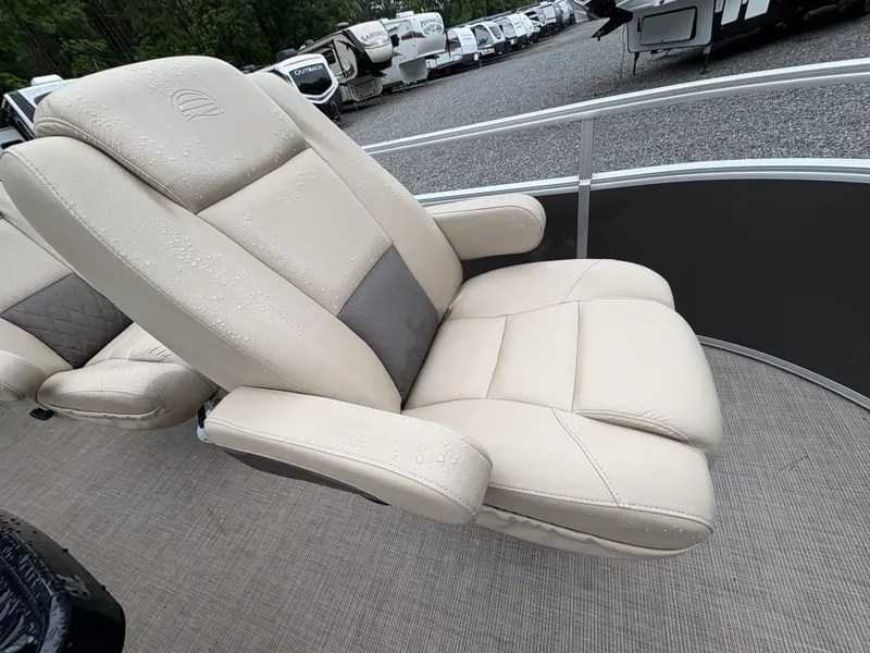 Slide: The Image of Luxurious seating on 2022 Sun Tracker PARTY BARGE pontoon boat, showcasing comfort and style. - 8