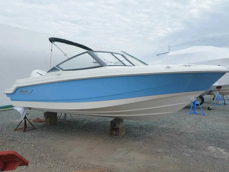 Slide: The Image of 2025 Boston Whaler 210 Vantage boat on display, featuring a sleek blue and white design. - 0