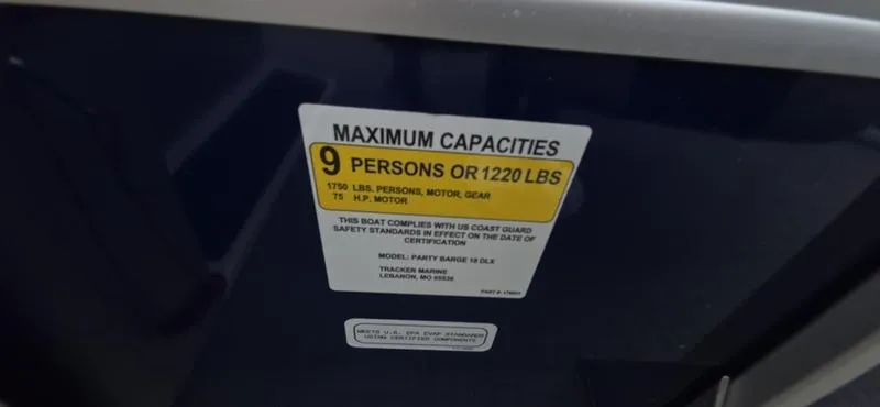 Slide: The Image of 2017 Sun Tracker Party Barge 18 DLX capacity label, 9 persons or 1220 lbs limit. - 14