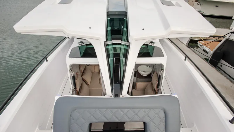 Slide: The Image of 2023 Axopar 37 XC Cross Cabin with BRABUS Trim and Wet Bar, top view. - 17
