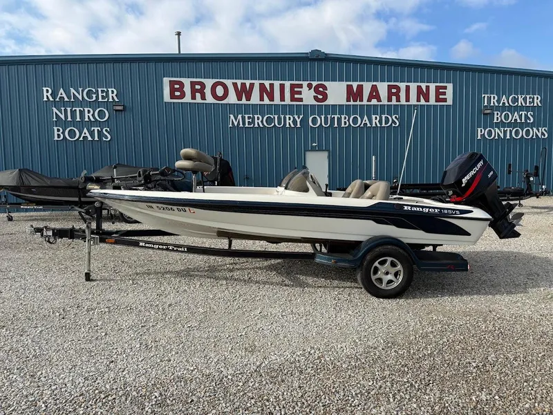 Slide: The Image of 2003 Ranger 185 VS boat on trailer at Brownie's Marine dealership. - 0