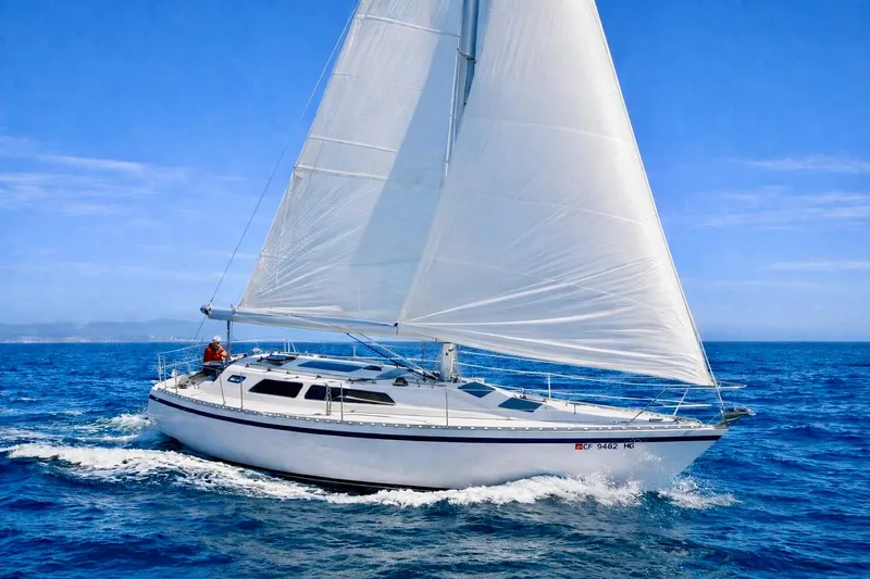 Slide: The Image of 1984 Camper & Nicholsons Nicholson 35 sailboat navigating open sea under clear blue skies. - 0