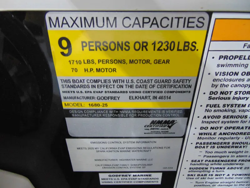 Slide: The Image of 2025 Godfrey EX 1680 CX boat capacity label: 9 persons or 1230 lbs, 70 HP motor. - 13