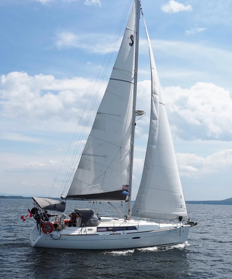 Slide: The Image of 2009 Beneteau Oceanis 34 sailing on open water under a clear blue sky. - 3