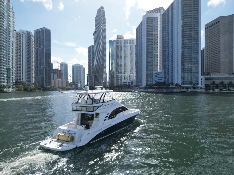 Slide: The Image of 2005 Sea Ray 58 Sedan Bridge yacht cruising near city skyscrapers. - 13
