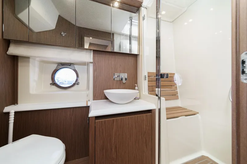 Slide: The Image of Luxurious bathroom in 2017 Beneteau Monte Carlo 5 MC5 yacht with modern fixtures. - 48
