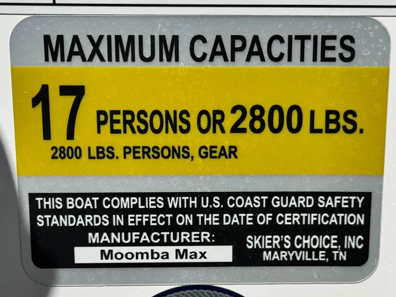 Slide: The Image of 2020 Moomba Max capacity label: 17 persons or 2800 lbs, U.S. Coast Guard compliant. - 33