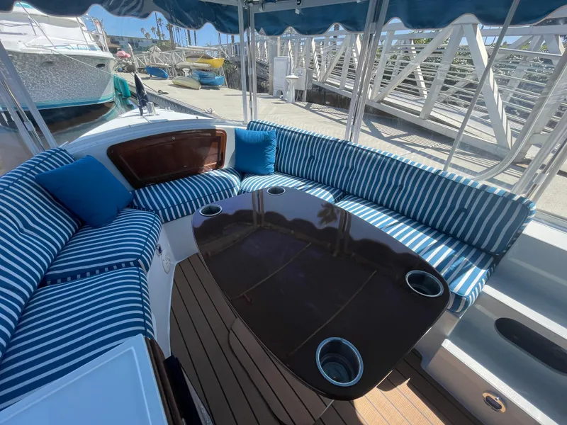 Slide: The Image of 2014 Duffy 18 Snug Harbor boat interior with striped seating and a glossy table. - 10