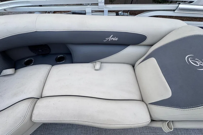 Slide: The Image of 2023 Barletta ARIA 22QC boat seating with elegant gray and white upholstery. - 55