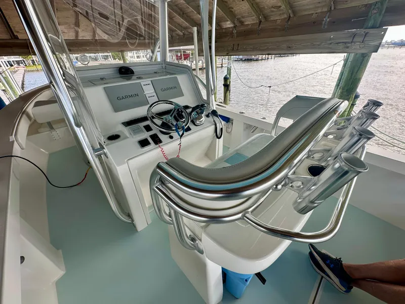 Slide: The Image of 2021 Albury Brothers 27 boat helm with Garmin displays and stainless steel fittings. - 9