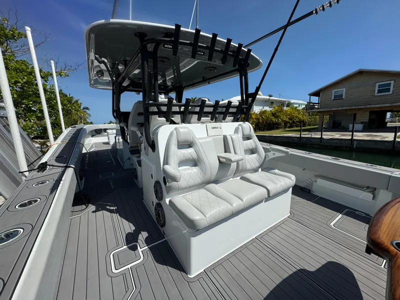 Slide: The Image of Luxurious 2021 Freeman 47 boat interior with sleek seating and modern design. - 17