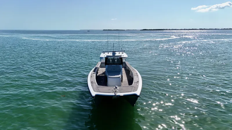 Slide: The Image of Freeman 47 boat on clear blue water, 2021 model, under sunny sky. - 7