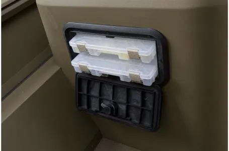 Slide: The Image of Storage compartment with tackle boxes in a 2021 G3 20 SC boat. - 2