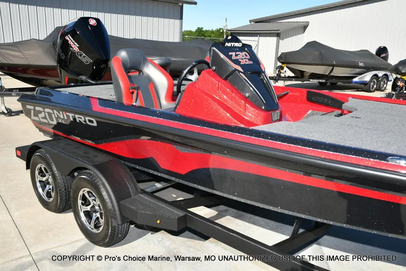 Slide: The Image of 2025 Nitro Z20 XL Pro bass boat on trailer, featuring sleek red and black design. - 12