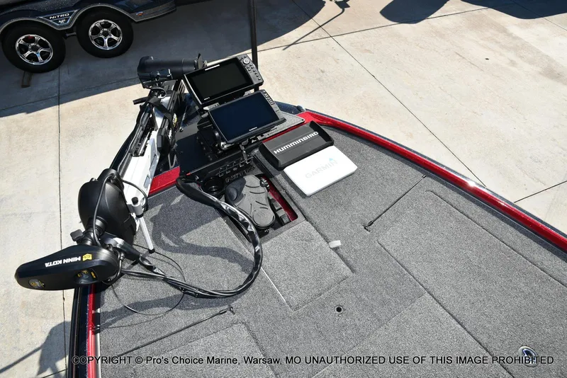 Slide: The Image of 2025 Nitro Z20 XL Pro boat deck with electronics and Minn Kota trolling motor. - 48