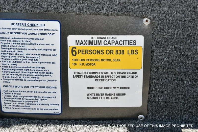 Slide: The Image of 2023 Tracker Pro Guide V-175 Combo capacity label, 6 persons or 838 lbs, safety checklist. - 43
