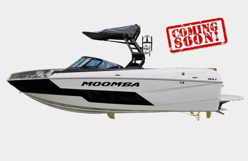 Slide: The Image of 2025 Moomba Max boat with "Coming Soon" text, side view. - 1