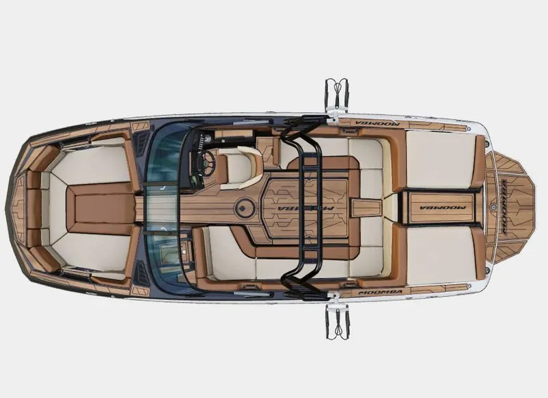 Slide: The Image of 2025 Moomba Max boat interior, top view, featuring spacious seating and modern design. - 2