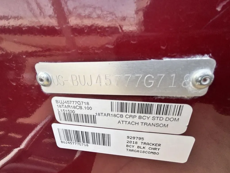 Slide: The Image of 2018 Tracker Targa V-18 WT boat identification plate with serial numbers. - 7