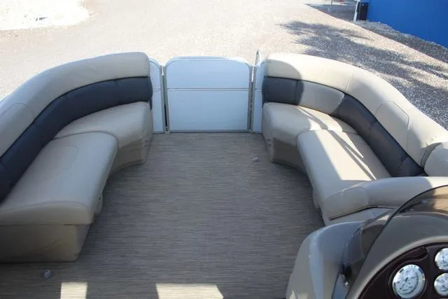 Slide: The Image of 2019 Misty Harbor Adventure CF A-1885CF boat interior with beige and gray seating. - 14