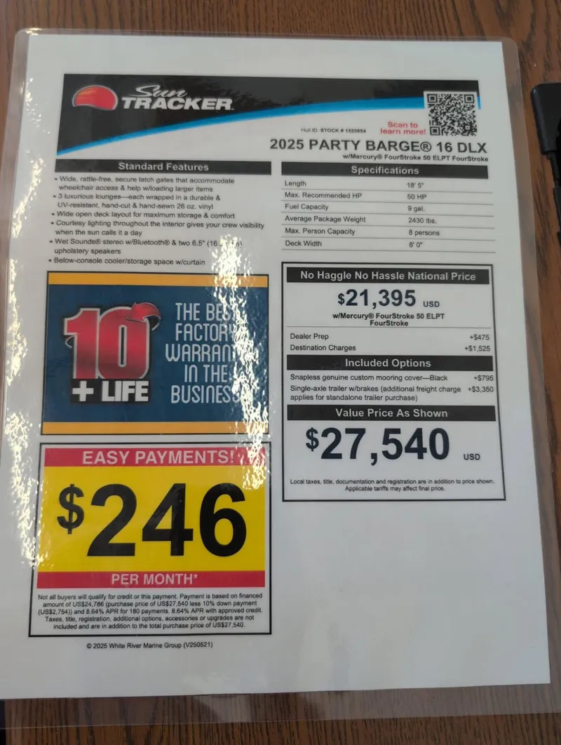 Slide: The Image of 2025 Sun Tracker Party Barge 16 DLX price sheet with warranty and payment details. - 3