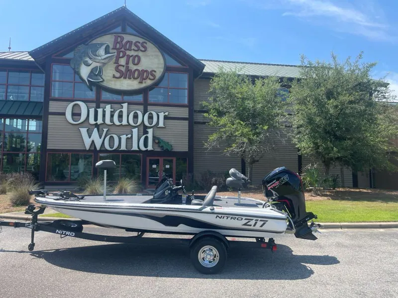 Slide: The Image of 2025 Nitro Z17 boat parked outside Bass Pro Shops Outdoor World. - 5