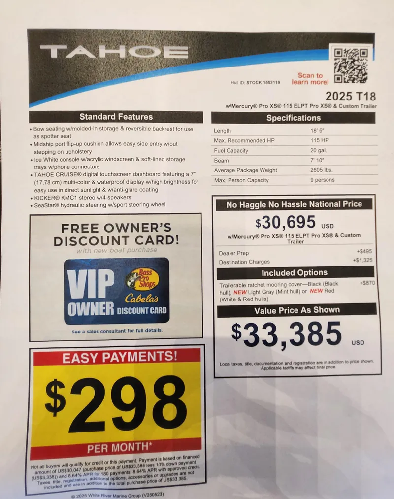 Slide: The Image of 2025 Tahoe T18 boat features, specifications, and pricing details with easy payment options. - 4