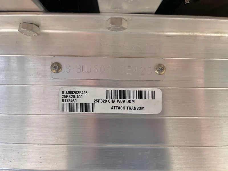 Slide: The Image of 2025 Sun Tracker Party Barge 20 DLX identification plate with serial and model numbers. - 15
