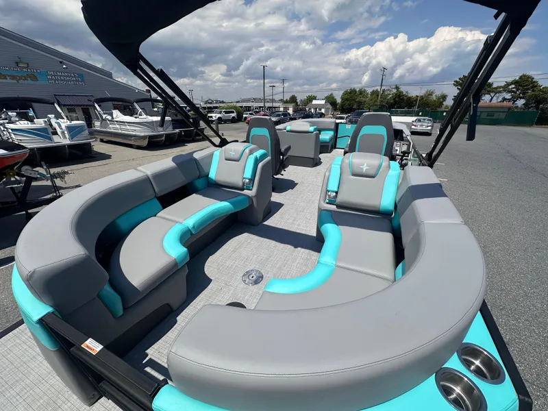 Slide: The Image of 2025 Berkshire 23RFX STS 3.0 pontoon boat with stylish seating and modern design. - 10