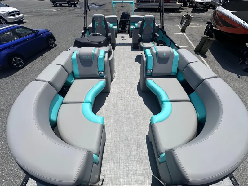 Slide: The Image of 2025 Berkshire 23RFX STS 3.0 pontoon boat with spacious seating and modern design. - 6