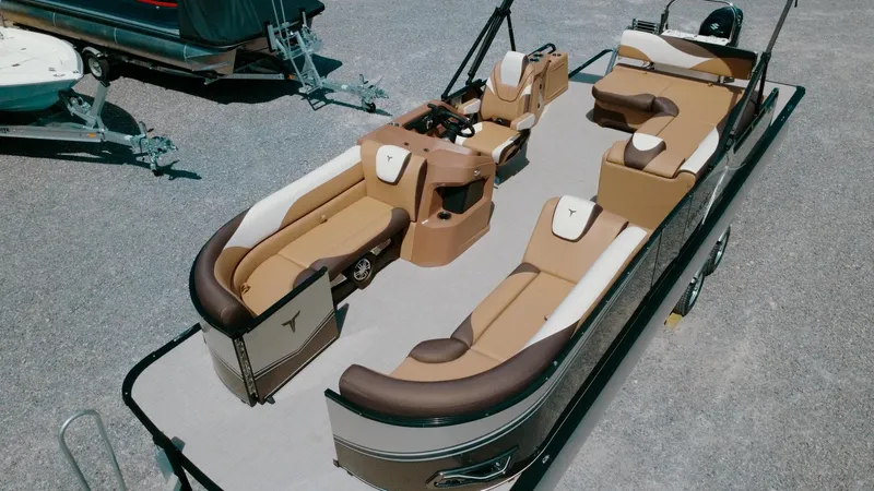 Slide: The Image of 2025 Tahoe Pontoon LTZ Cruise Rear Bench with luxurious seating and modern design. - 2
