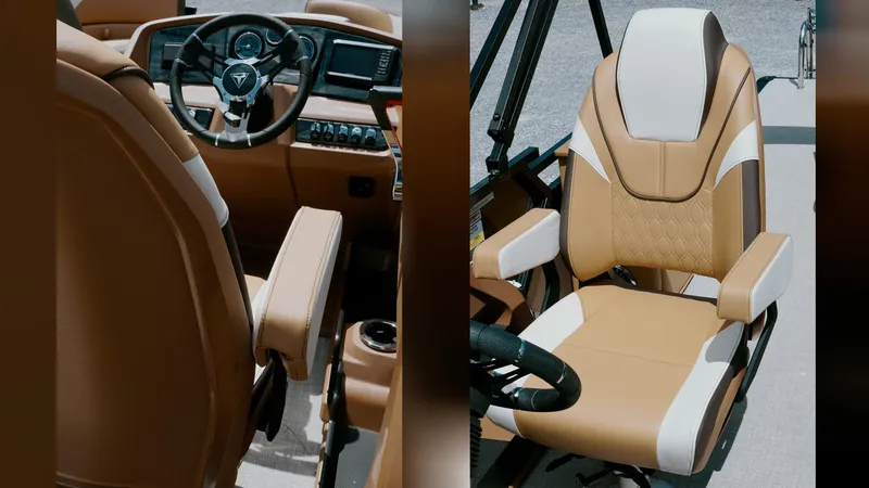 Slide: The Image of 2025 Tahoe Pontoon LTZ Cruise Rear Bench interior with luxurious tan and white seating. - 21