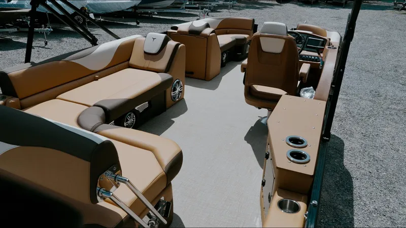 Slide: The Image of 2025 Tahoe Pontoon LTZ Cruise Rear Bench with luxurious seating and modern design. - 27