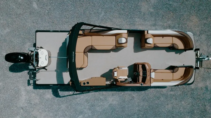 Slide: The Image of 2025 Tahoe Pontoon LTZ Cruise Rear Bench, aerial view, showcasing spacious seating and modern design. - 3