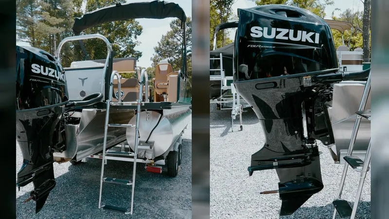 Slide: The Image of 2025 Tahoe Pontoon LTZ Cruise Rear Bench with Suzuki outboard motor, ladder, and seating. - 32