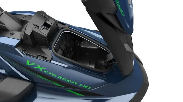 Slide: The Image of 2025 Yamaha Marine Waverunner VX Cruiser HO in deepwater blue, showing open storage compartment. - 6