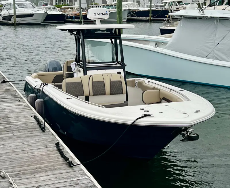 Slide: The Image of 2020 Tidewater 252 LXF boat docked at marina with Garmin equipment. - 7