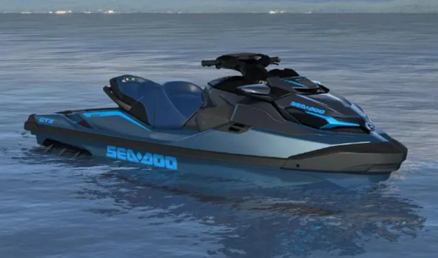 Slide: The Image of 2025 BRP SEA-DOO GTX 170 Waverunner in Blue Abyss and Gulfstream Blue on water. - 1