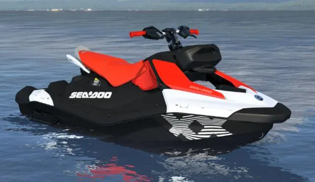 Slide: The Image of 2025 BRP SEA-DOO Waverunner 3UP SPARK TRIXX 90, Dragon Red/White, on water. - 1