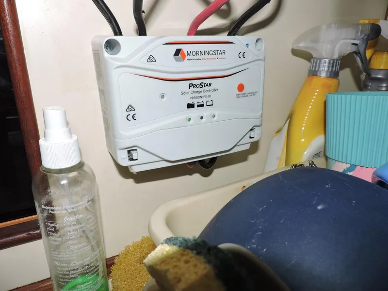 Slide: The Image of Morningstar ProStar solar charge controller in a 1982 Custom Wings 33 Ketch boat interior. - 11